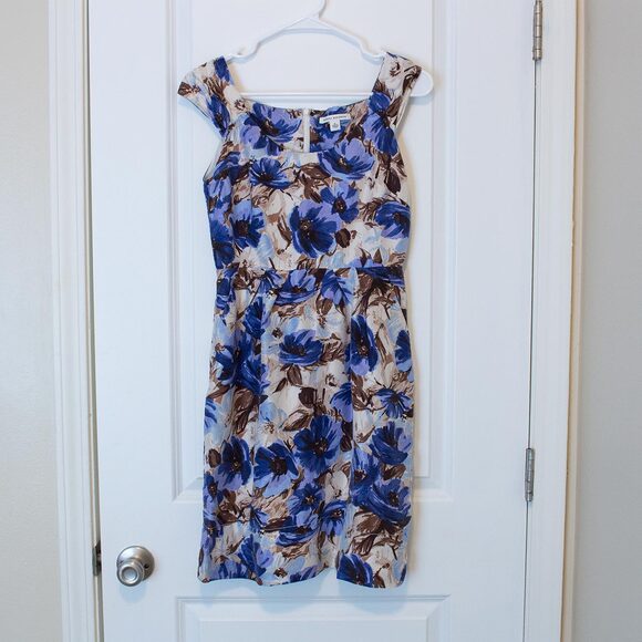 Sz 0 Silk Floral Brush Stroke Blue Brown Mini Dress Cap Sleeve Banana Republic - Picture 3 of 10